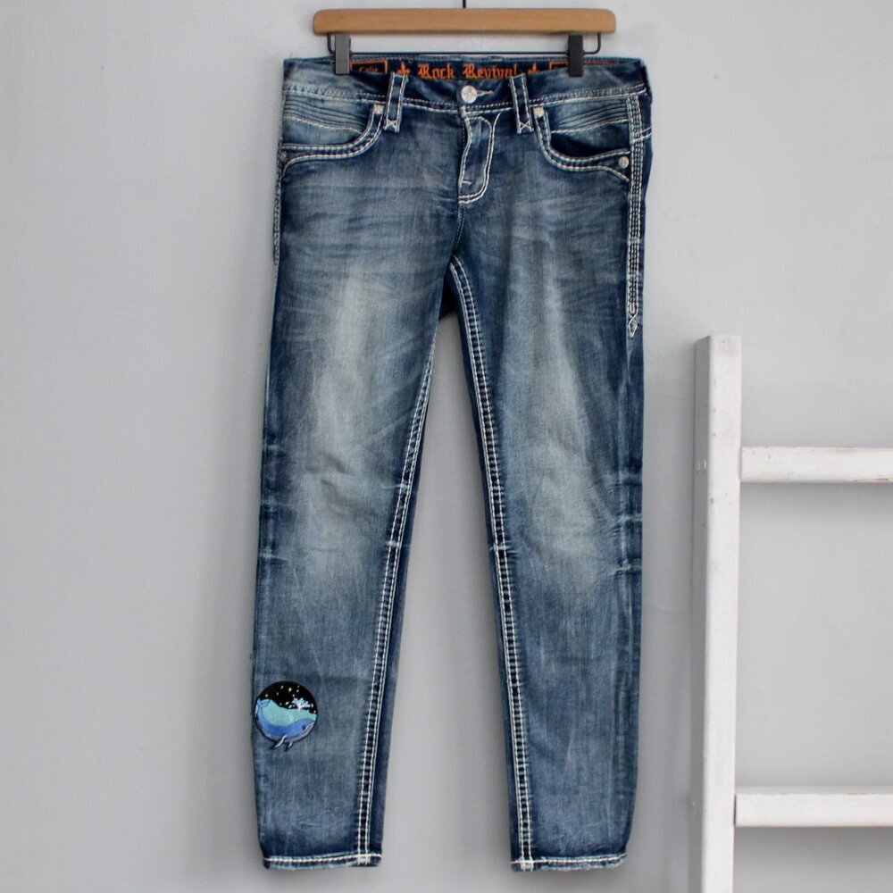Rock Revival Women's Calie Distressed Blue Wash Low-Rise Skinny Jean Size 30